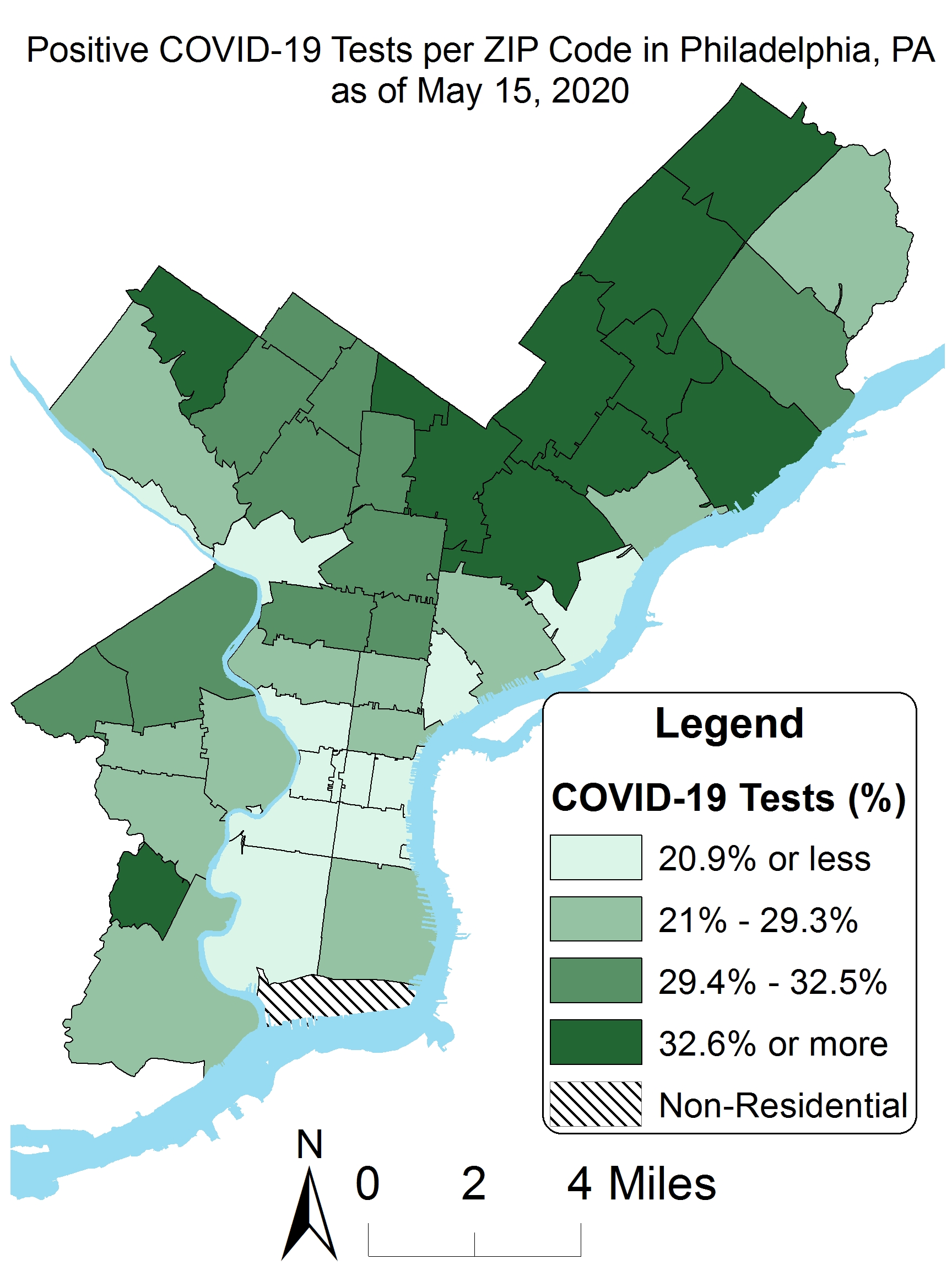 Positive COVID19 test per zip code in Philadelphia as of May 15, 2020